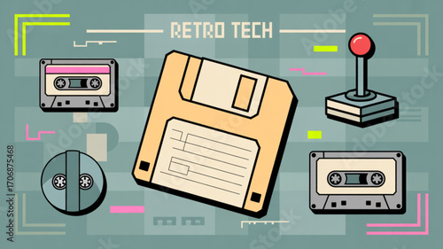 Retro tech revival a vibrant illustration showcasing vintage technology, including floppy disks, cassette tapes, and a joystick, celebrating the era of retro tech