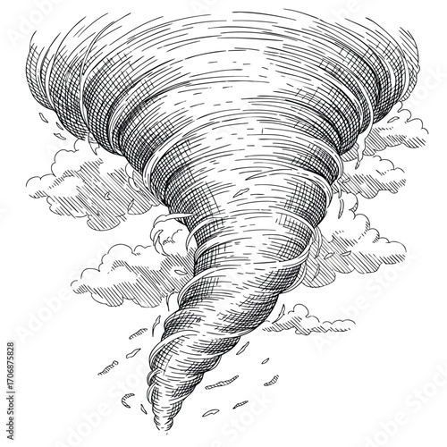 Handdrawn black and white engraving style illustration of a powerful tornado funnel cloud descending from the sky.