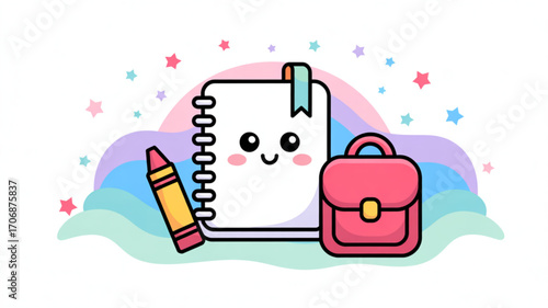 A delightful cartoon illustration showcasing school supplies, featuring a notebook, crayon, and satchel, all set against a soft pastel rainbow wave background