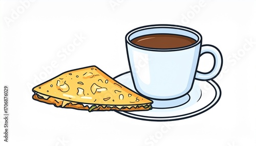 Cute cartoon art of a coffee cup with a sandwich, perfect for breakfast.