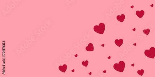 Red heart love confettis. Valentine's day falling rain trending background. Falling stitched paper hearts confetti on pink background. Emotional vector illustration.