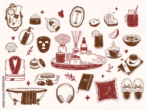 Vector set of hand-drawn sketches themed around wellness and self-care: skincare products, fruits, drinks, bath accessories, candles, massage tools, planner, pillow, and cozy home elements