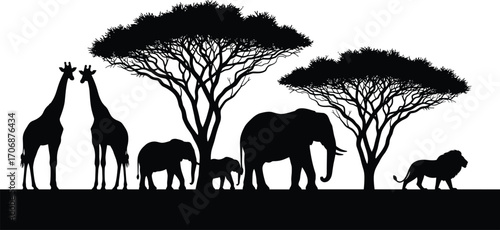 African wildlife silhouettes, giraffes, elephants, lion, acacia trees, savanna scene, safari animals, black vector, nature landscape, isolated design
