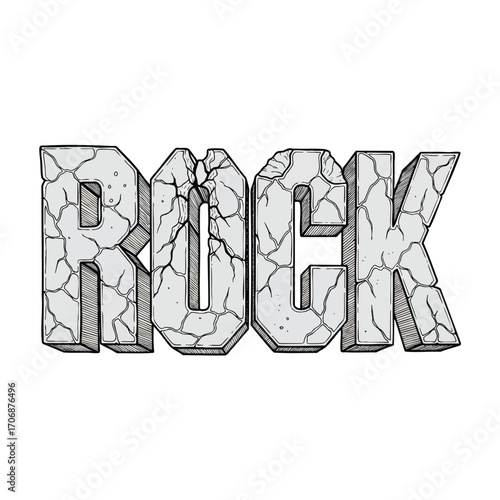 Handdrawn illustration of the word ROCK with a chiseled cracked stone effect.