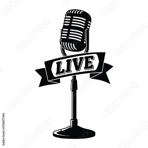Retro condenser microphone illustration with a LIVE banner on a stand.