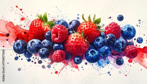 Fresh berries in vibrant watercolor with artistic red and blue paint splatters.