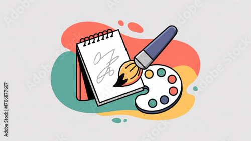 An artistic illustration featuring a sketchbook, paintbrush, and palette, symbolizing creativity, art, and design, perfect for creative projects and artistic endeavors