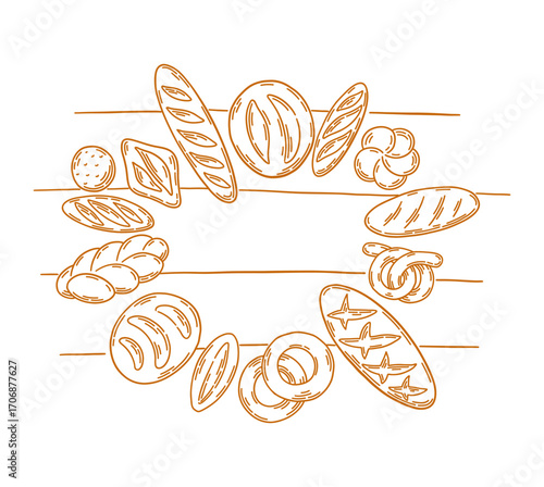 Illustrations of assorted baked goods and bread types in a creative layout