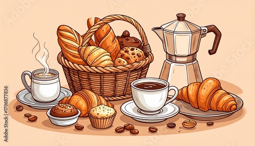 Warm illustration of coffee, moka pot, basket of bread, croissants, muffins.