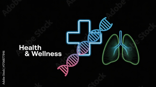 Neon health and wellness icons on a featuring a dna strand, a medical cross, and lungs, symbolizing healthcare and wellbeing