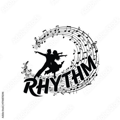 Silhouette of a couple dancing surrounded by a swirl of musical notes and the word Rhythm.