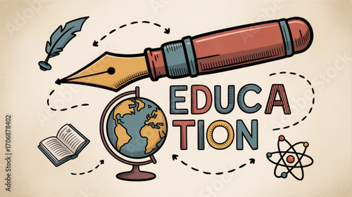 Illustration of education concept with pen, globe, book, atom, and feather, symbolizing learning, knowledge, and academic pursuits in a creative design
