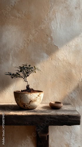 Bonsai Tree on Wooden Shelf with Textured Wall Background.