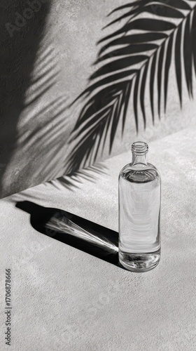 Bottle of water with palm shadow in monochrome.