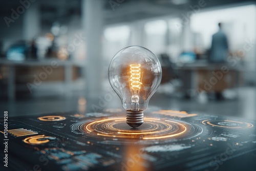 Technology Innovation Lightbulb with Digital Interface and Data Concept