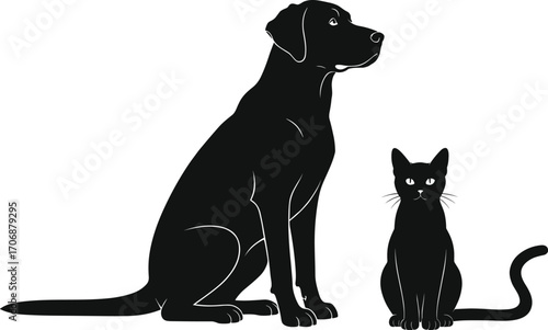 Black dog and cat silhouettes sitting together, pet animals, domestic companions, isolated vector, friendly pets, animal icons, black and white