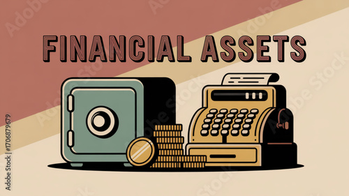 Retro financial assets illustration featuring a safe, a stack of coins, and a cash register, conveying a vintage aesthetic and highlighting the importance of financial security