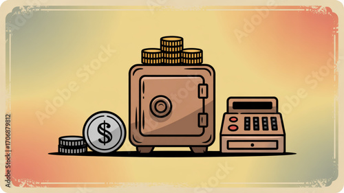 A vintage illustration showcases a secure safe, a stack of coins, and a classic cash register, evoking themes of finance, security, and retro business practices