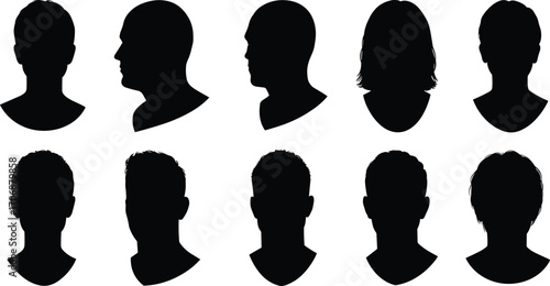 Black silhouette head profile icons of diverse people, front and side view, male and female avatar collection on white background