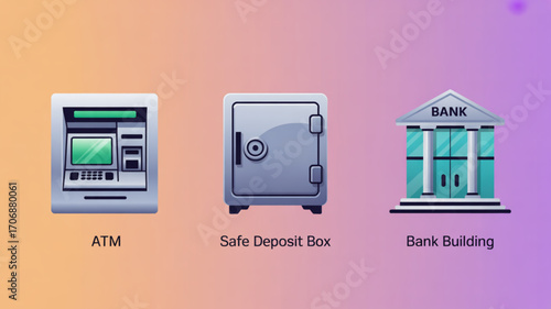 A set of financial icons featuring an atm, safe deposit box, and bank building, representing banking and security