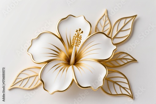 A surreal, simple 3d artwork of Decorative Hibiscus illustration with golden outlines, luxury floral design, white base