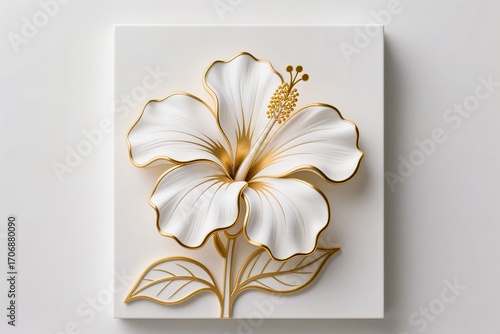 A surreal, simple 3d artwork of Decorative Hibiscus illustration with golden outlines, luxury floral design, white base