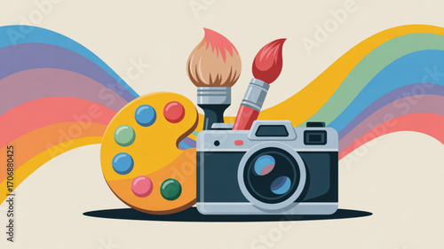 A vibrant illustration showcasing the tools of creativity a camera, paint palette, and brushes, set against a backdrop of colorful waves