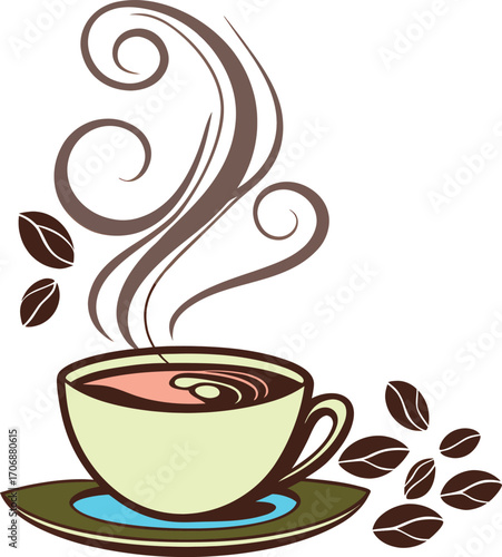Charming coffee cup illustration with swirling steam and scattered coffee beans. A cozy and stylish design perfect for cafés, branding, décor, and packaging.