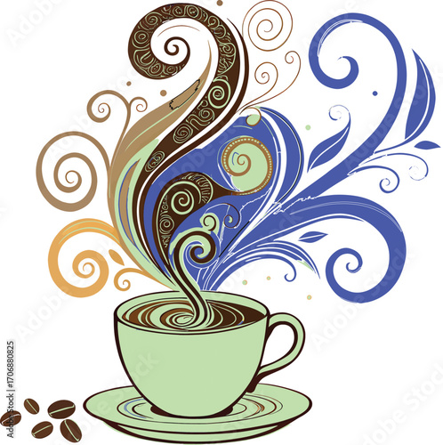 Vibrant coffee cup design with multicolored swirling steam and elegant curves. Perfect for coffee lovers, cafés, posters, branding, and stylish décor art