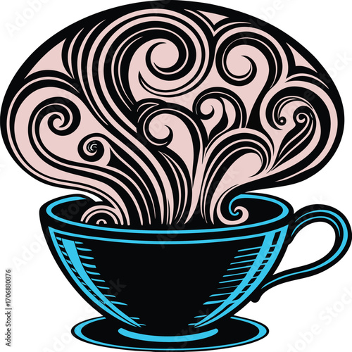 Stylish coffee cup illustration with swirling steam art, blending elegance and creativity. Great for cafés, coffee shops, posters, and branding designs.
