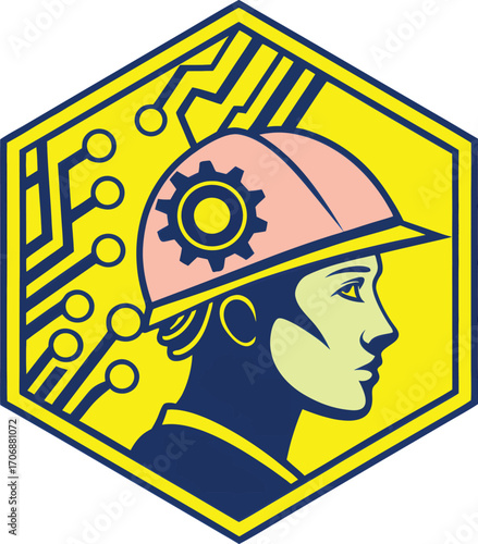 Hexagon artwork featuring a female engineer in a hard hat with circuit board details. A modern symbol of women in technology, innovation, and digital progress.
