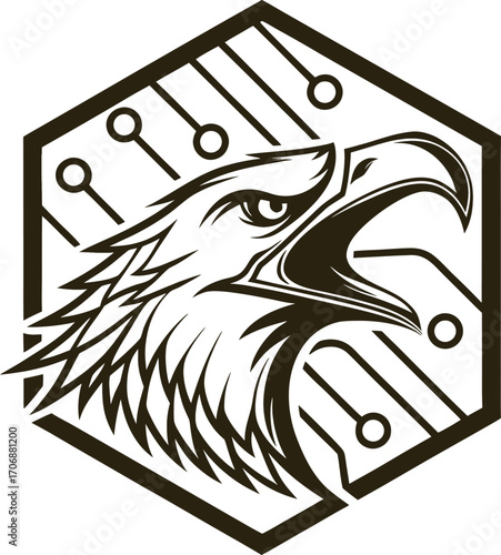 A powerful eagle head merged with circuit board patterns inside a hexagon. A bold digital emblem symbolizing strength, technology, and futuristic innovation.