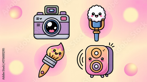 A delightful collection of cute and colorful icons representing creative hobbies such as photography, music, painting, and sound