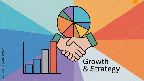 A vibrant illustration showcasing growth and strategy, with a handshake symbolizing partnership, charts indicating progress, and a pie chart representing analysis