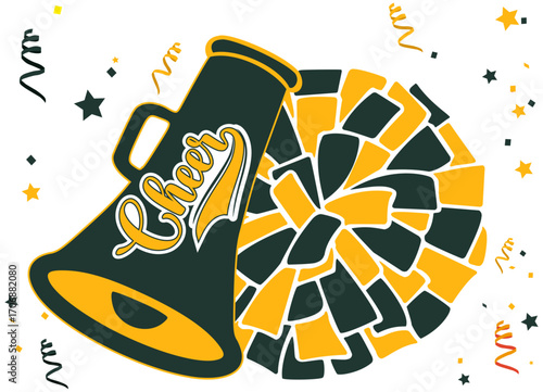 CHEER in Gold and White color on a Dark Green Cheerleader Megaphone and a Pom-pom. Green Bay Football vector illustration.