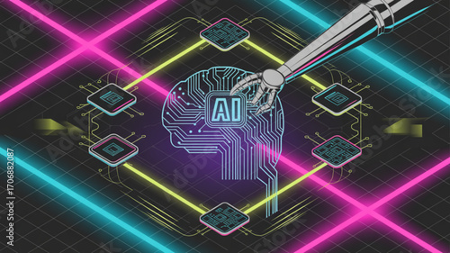 An abstract representation of artificial intelligence with a robotic arm interacting with a brainshaped circuit board, surrounded by glowing neon lights