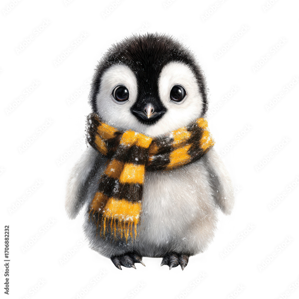 Fototapeta premium Cute baby penguin wearing a yellow and black striped winter scarf, fluffy chick illustration for greeting cards isolated on Transparent Background