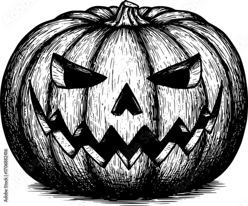 jack o lantern pumpkin sketch engraving black and white outline. Scratch board imitation. illustrated in vintage line art style on a white background