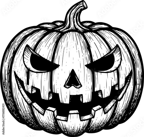 jack o lantern pumpkin sketch engraving black and white outline. Scratch board imitation. illustrated in vintage line art style on a white background