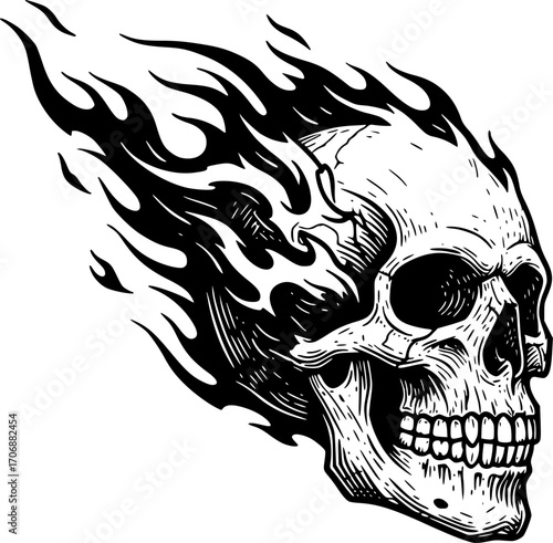 Skull burning fire flame sketch engraving black and white outline. Scratch board imitation. illustrated in vintage line art style on a white background.