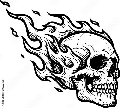 Skull burning fire flame sketch engraving black and white outline. Scratch board imitation. illustrated in vintage line art style on a white background.