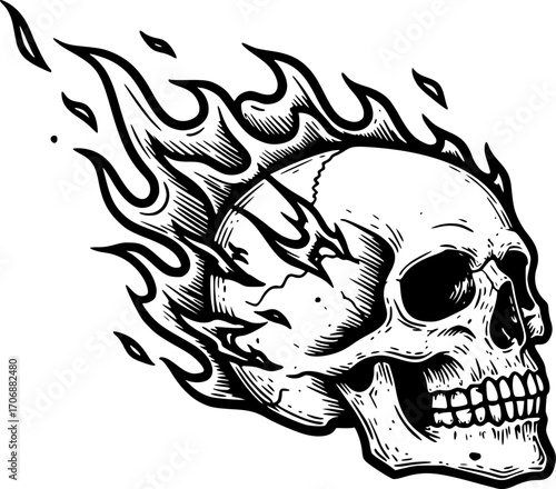 Skull burning fire flame sketch engraving black and white outline. Scratch board imitation. illustrated in vintage line art style on a white background.