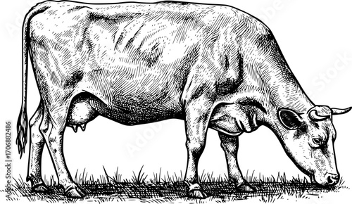 Cow grazing sketch engraving black and white outline. Scratch board imitation. illustrated in vintage line art style on a white background.

