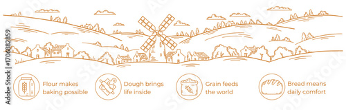 Flour packaging design highlights the journey from grain to bread in a rural landscape