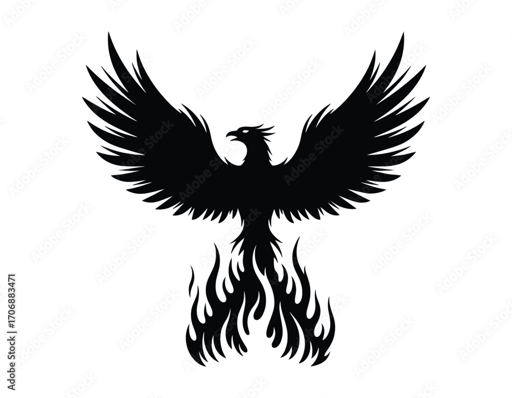 Fototapeta premium Fiery phoenix bird silhouette with outstretched wings and flames perfect for tattoo designs and mythical creature illustrations