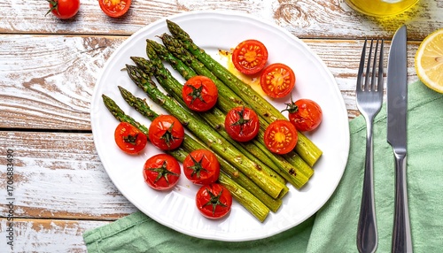 Roasted asparagus and cherry tomatoes on a plate