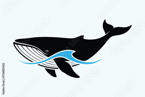 Stylish black whale silhouette swimming in blue water showcasing ocean wildlife perfect for marine conservation and environmental awareness