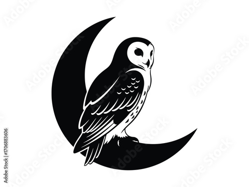 Stylized barn owl perched on a crescent moon showcasing a mystical nocturnal design perfect for gothic and fantasy themed projects