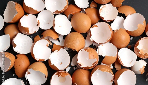 Broken egg shells on a dark surface