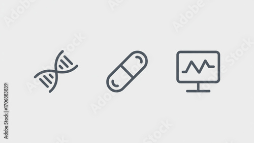 Medical icons dna, pill, and monitor with heartbeat line, representing healthcare, medicine, and genetic research concepts